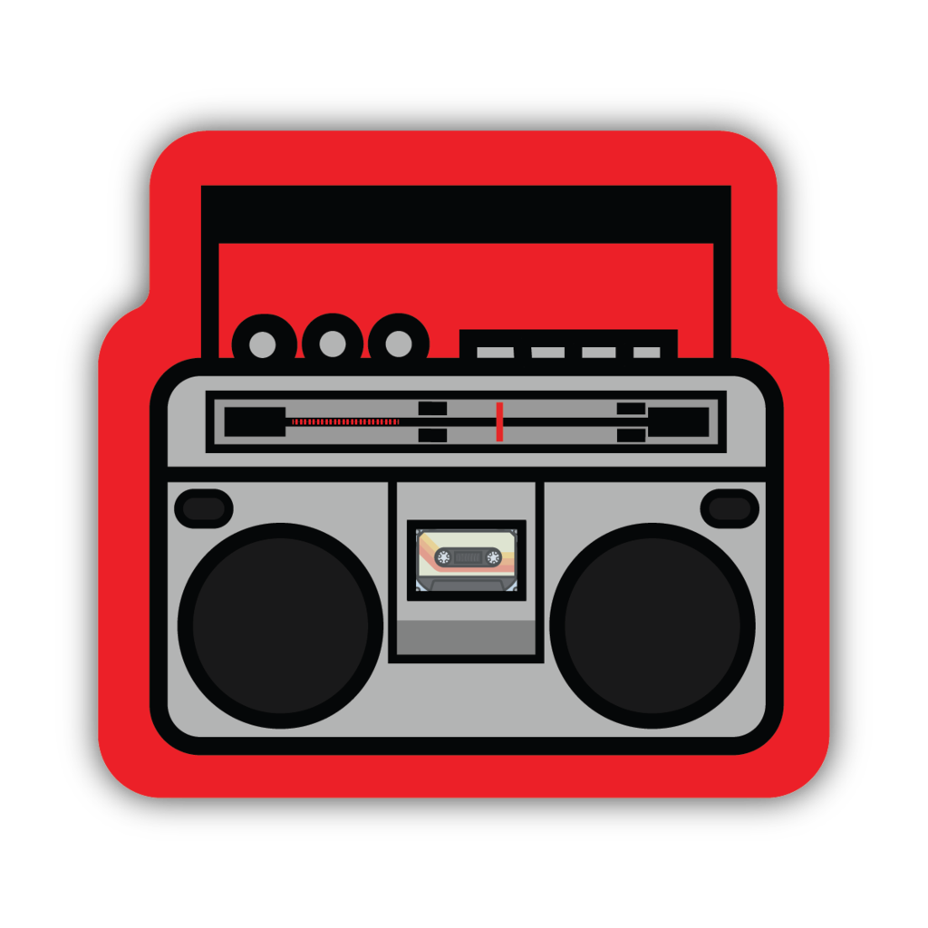 sticker on white background. sticker is graphic of retro boombox on red background.