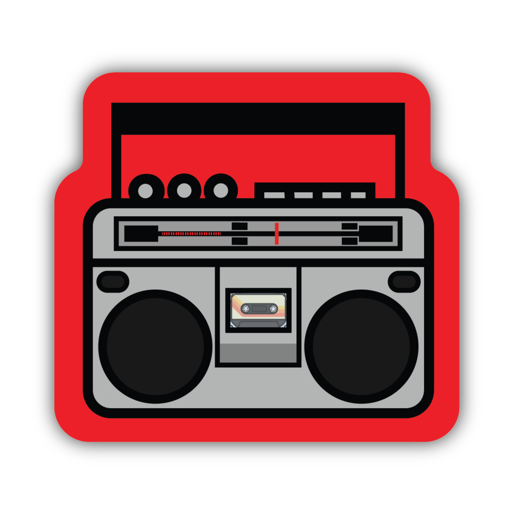 graphic of retro boombox on red background