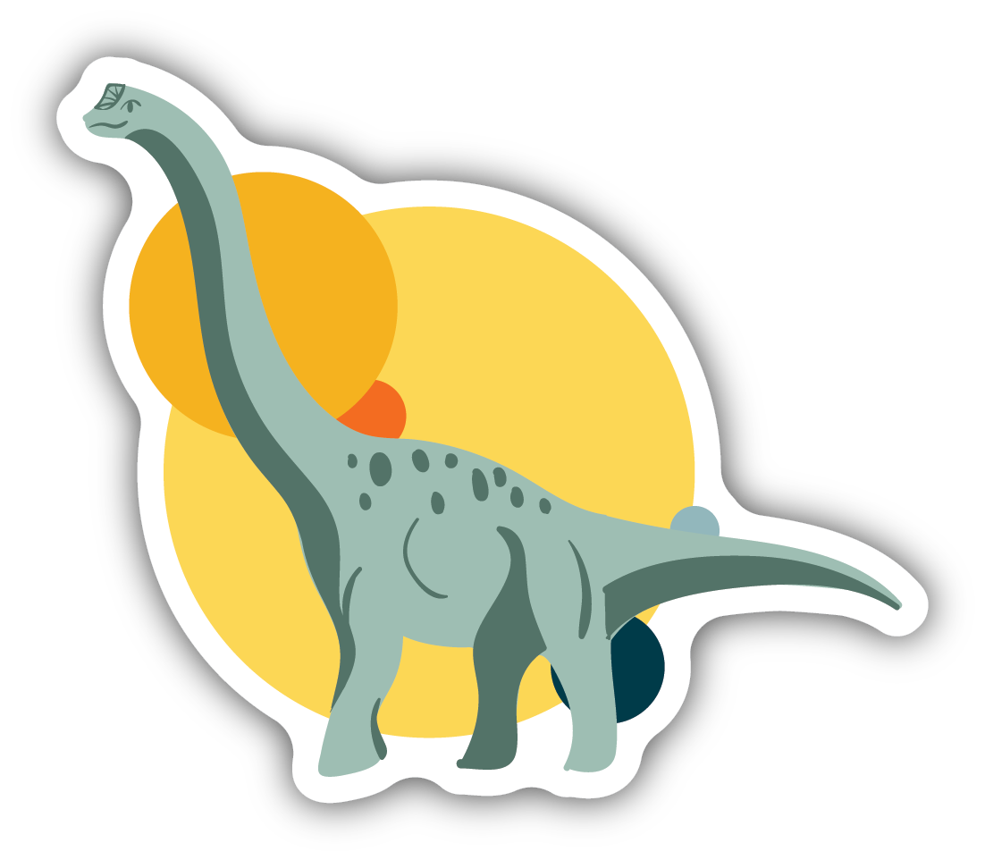 sticker on white background. sticker has graphic of long neck dinosaur with yellow circles behind it.
