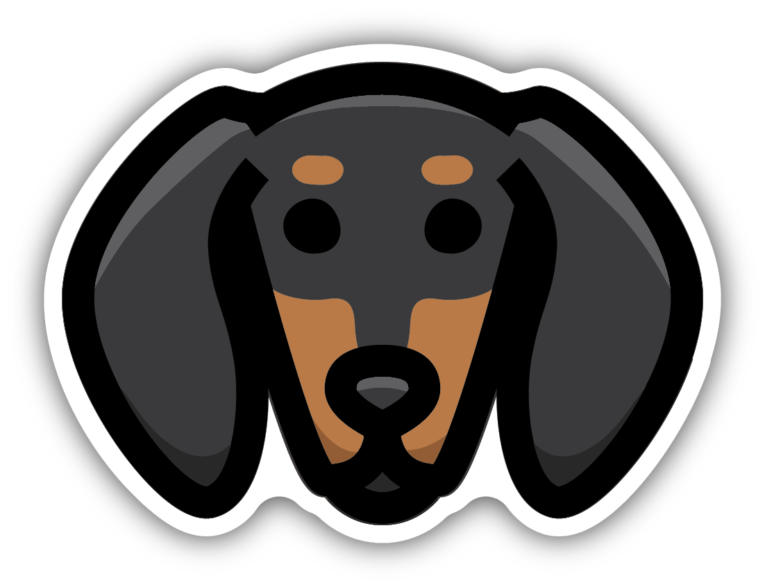 sticker on white background. sticker has graphic of dark grey dachshund face with brown checks and eyebrows.