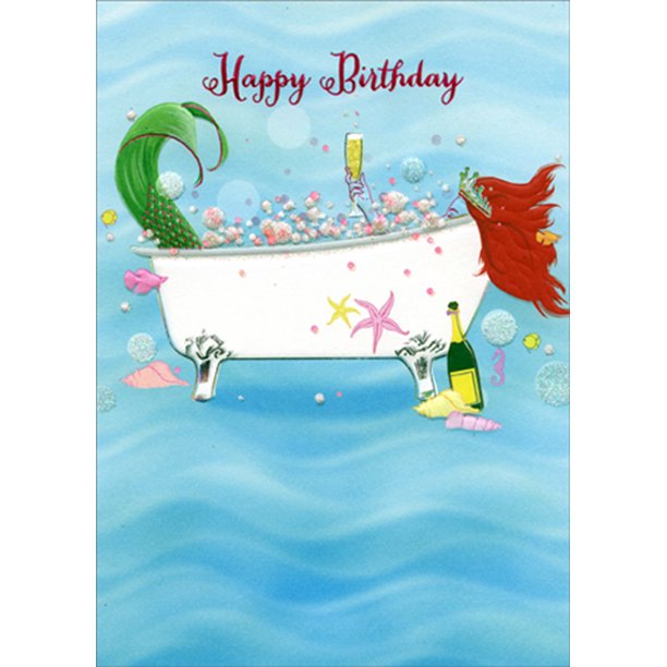 front of card is a drawing of water with a mermaid in a claw foot bathtub drinking champagne and the front text in red