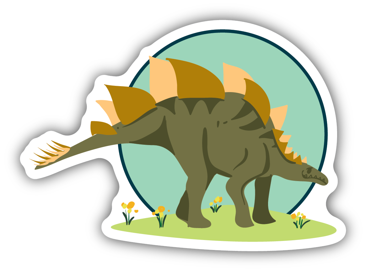 sticker on white background. sticker has graphic of dinosaur standing in flowers with blue circle in background