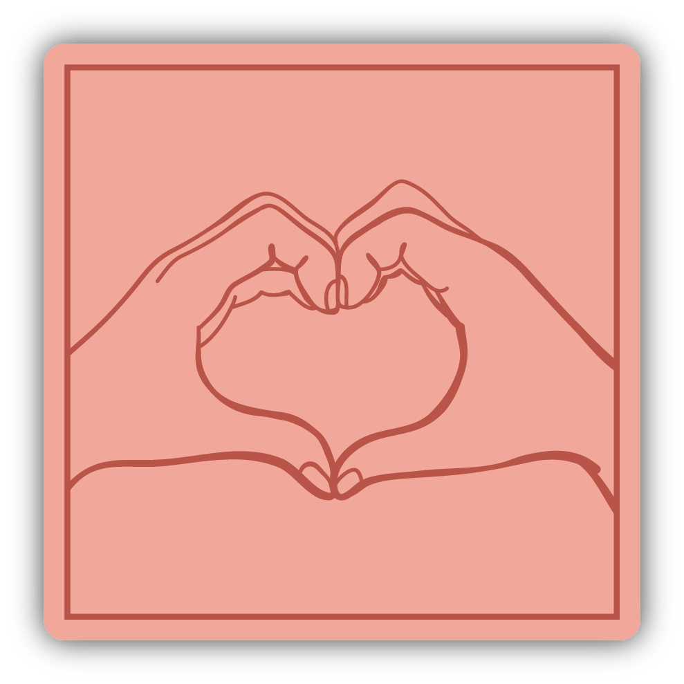 sticker on white background. square sticker has pink background with graphic of hands with fingers forming heart shape in red with red line boarder.