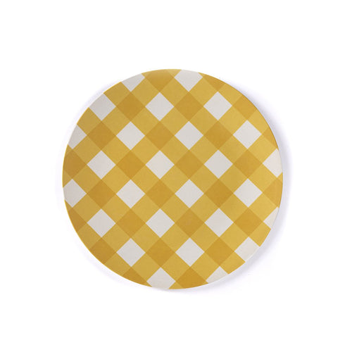 one yellow check salad plate on white background.