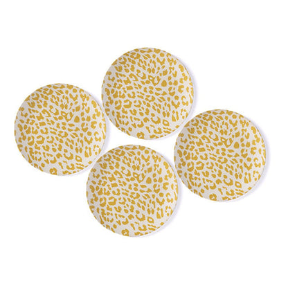 four bamboo melamine yellow cheetah print dinner plates on white background.