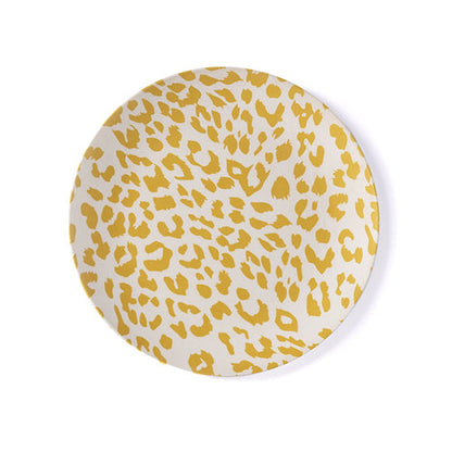 one bamboo melamine yellow cheetah print dinner plate on white background.