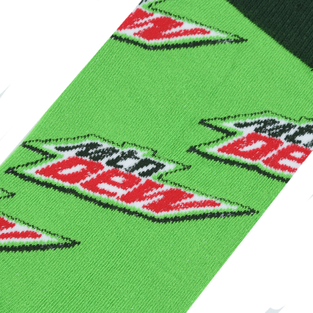 close up view of mountain dew crew socks displayed on a white background