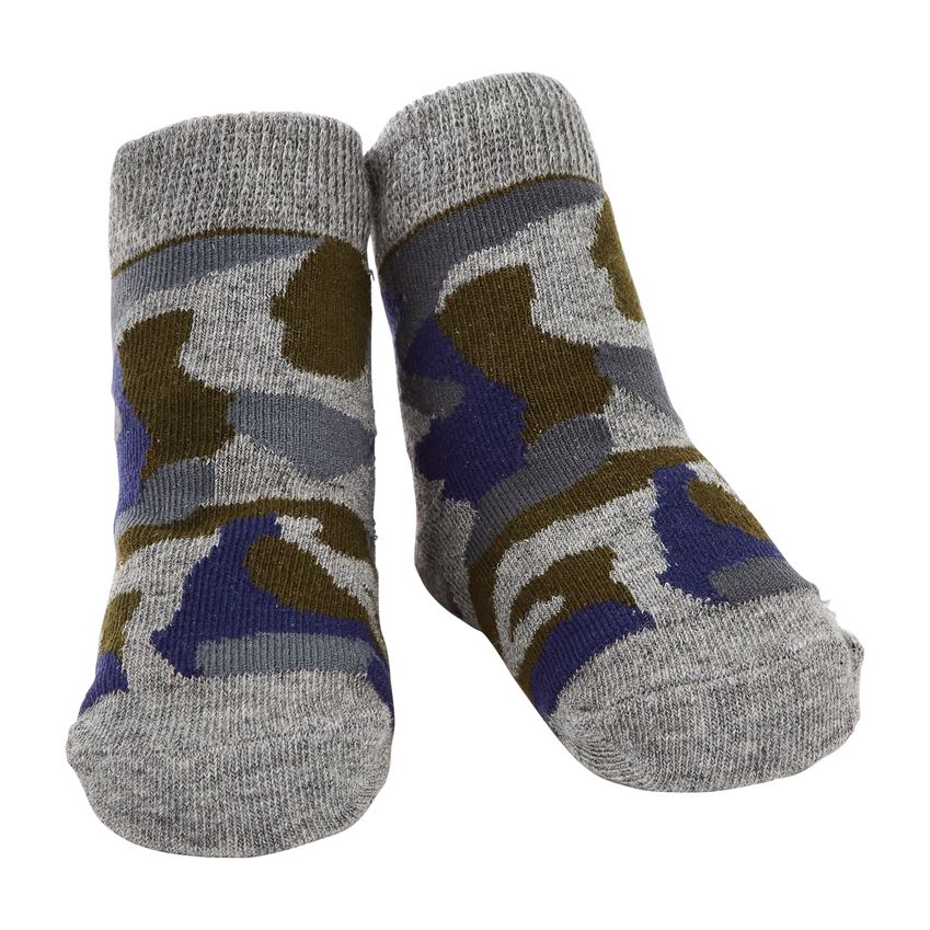 gray, blue, brown baby camo socks on a white background