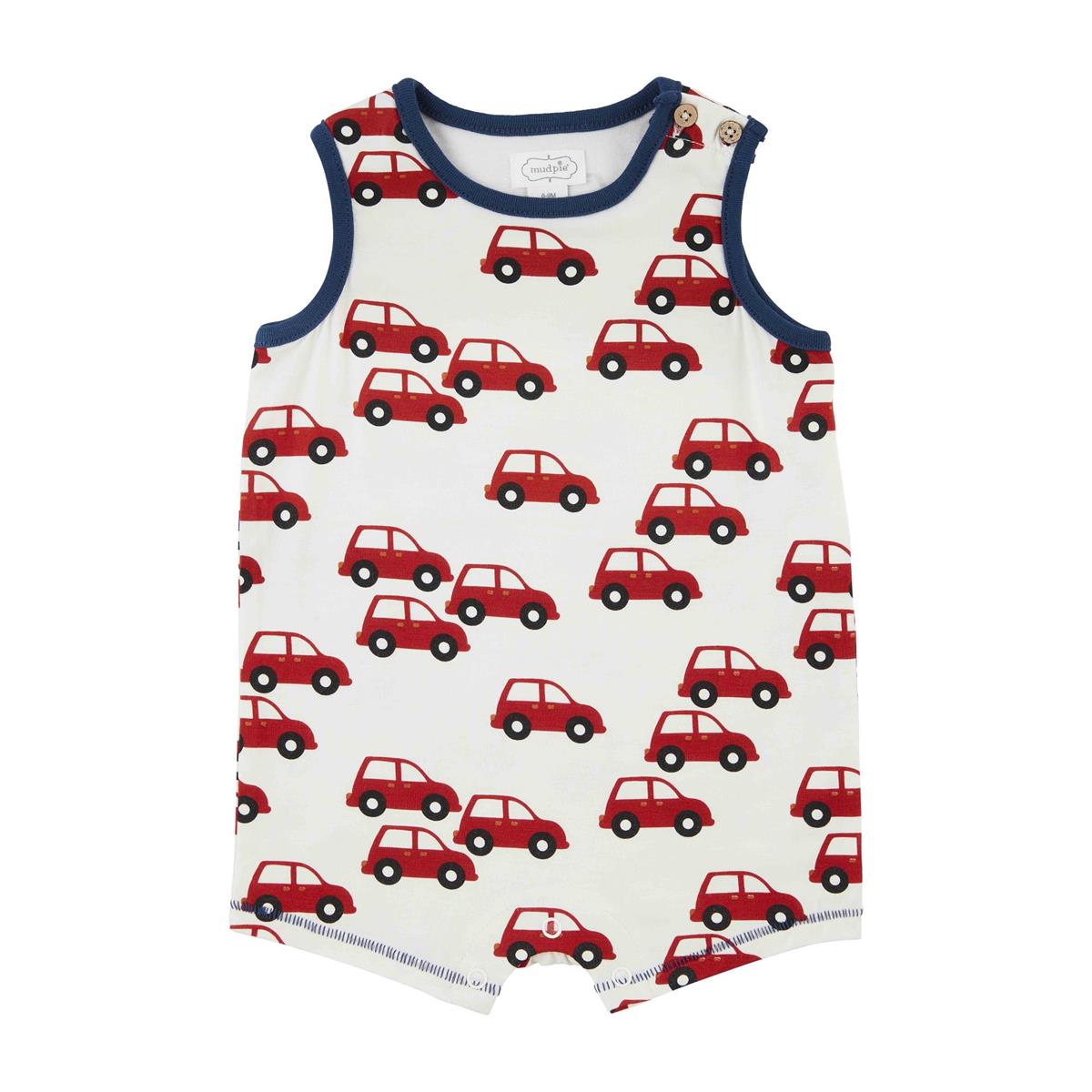 off-white romper with red cars in an all-over design.