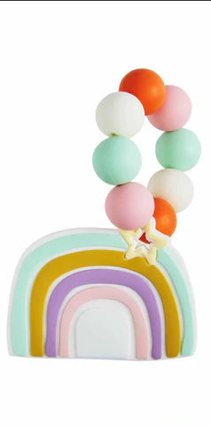 silicone teether with a rainbow of green, orange, purple, and pink stripes and a ring of pink, red, and green silicone beads.