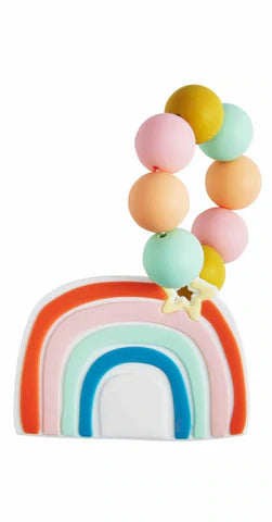 silicone teether with rainbow of red, pink, green, and blue stripes and a ring of orange, pink and green silicone beads.