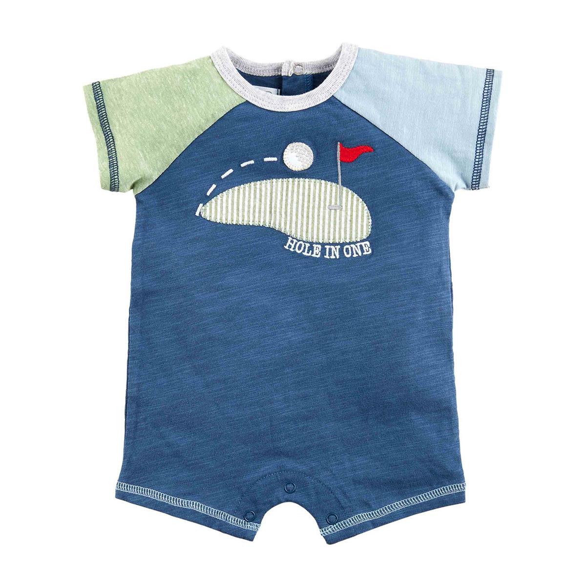 blue with green and light blue sleeves golf shortall on a white background