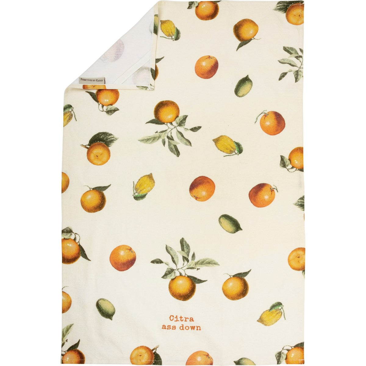 ivory towel with all-over vintage-style citrus fruit designs and "Citra Ass Down" embroidered on it.