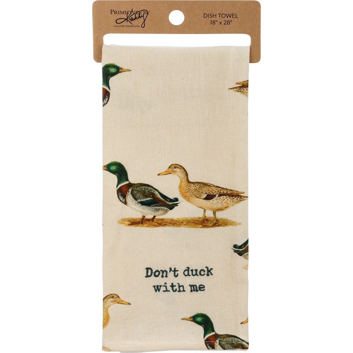 folded ivory towel with duck graphics and embroidered sentiment.