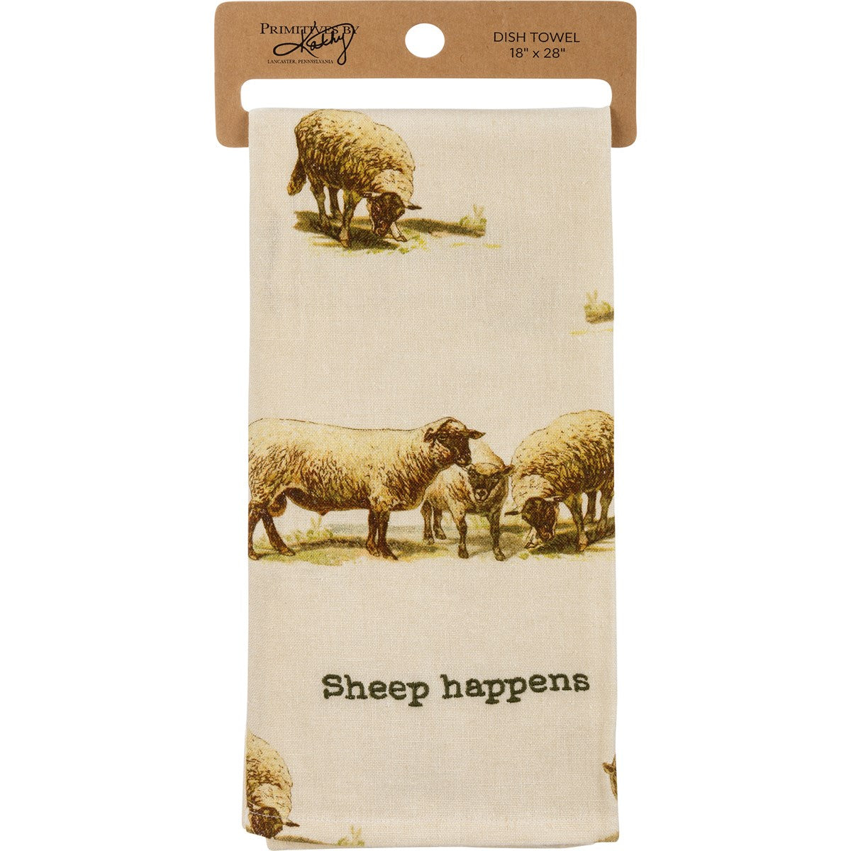 folded ivory towel with sheep graphics and embroidered sentiment.