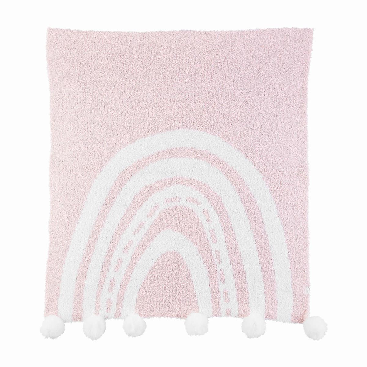 pink blanket with white rainbow design and pom trim on a white background.