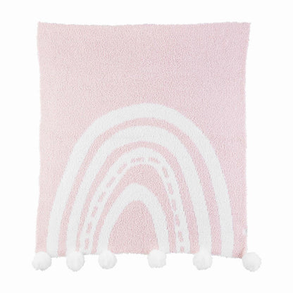 pink blanket with white rainbow design and pom trim on a white background.