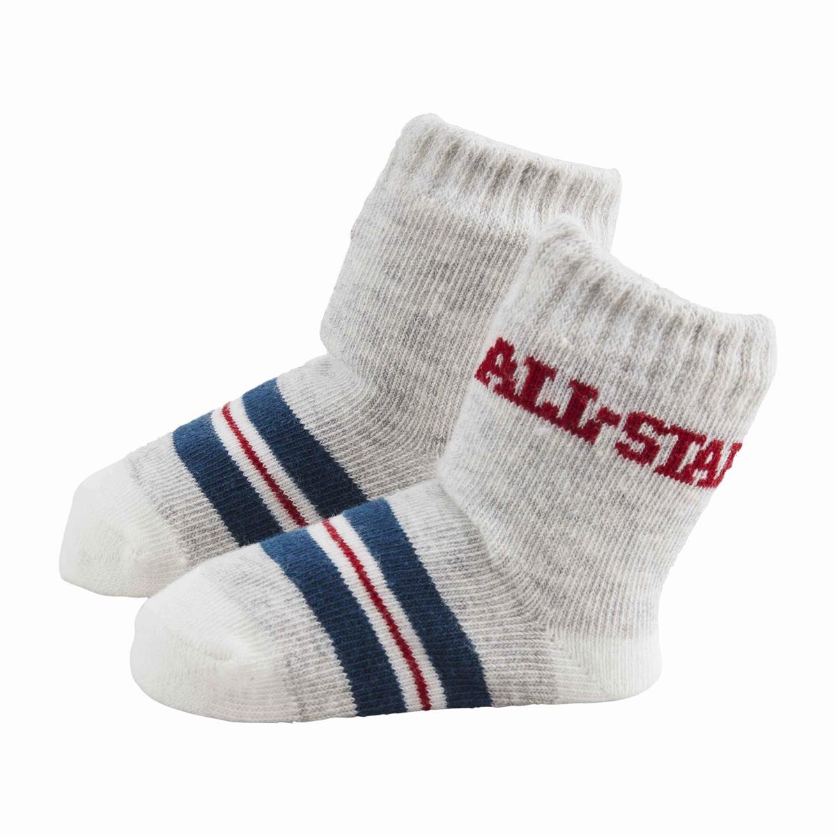 side view of infant socks; white with blue and red bands around the foot and "all-star" in red above the ankle.