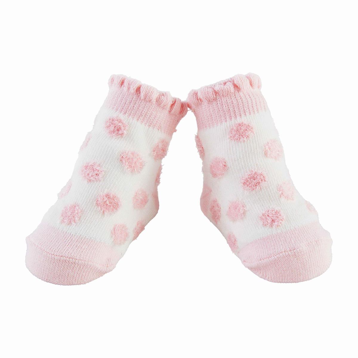 white socks with pink polka dots, toes, and and ruffled rims.