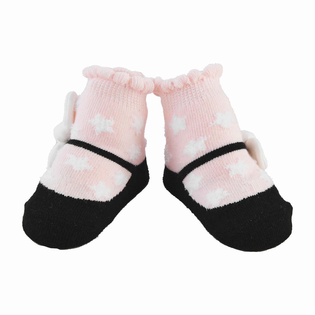 pink infant socks with white stars and black mary jane style shoe design.