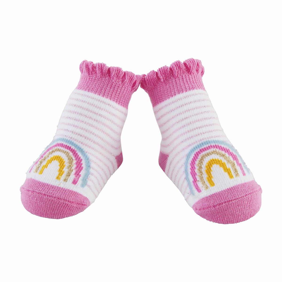 white socks with pink toes and ruffled rim with rainbows on the top of the foot.