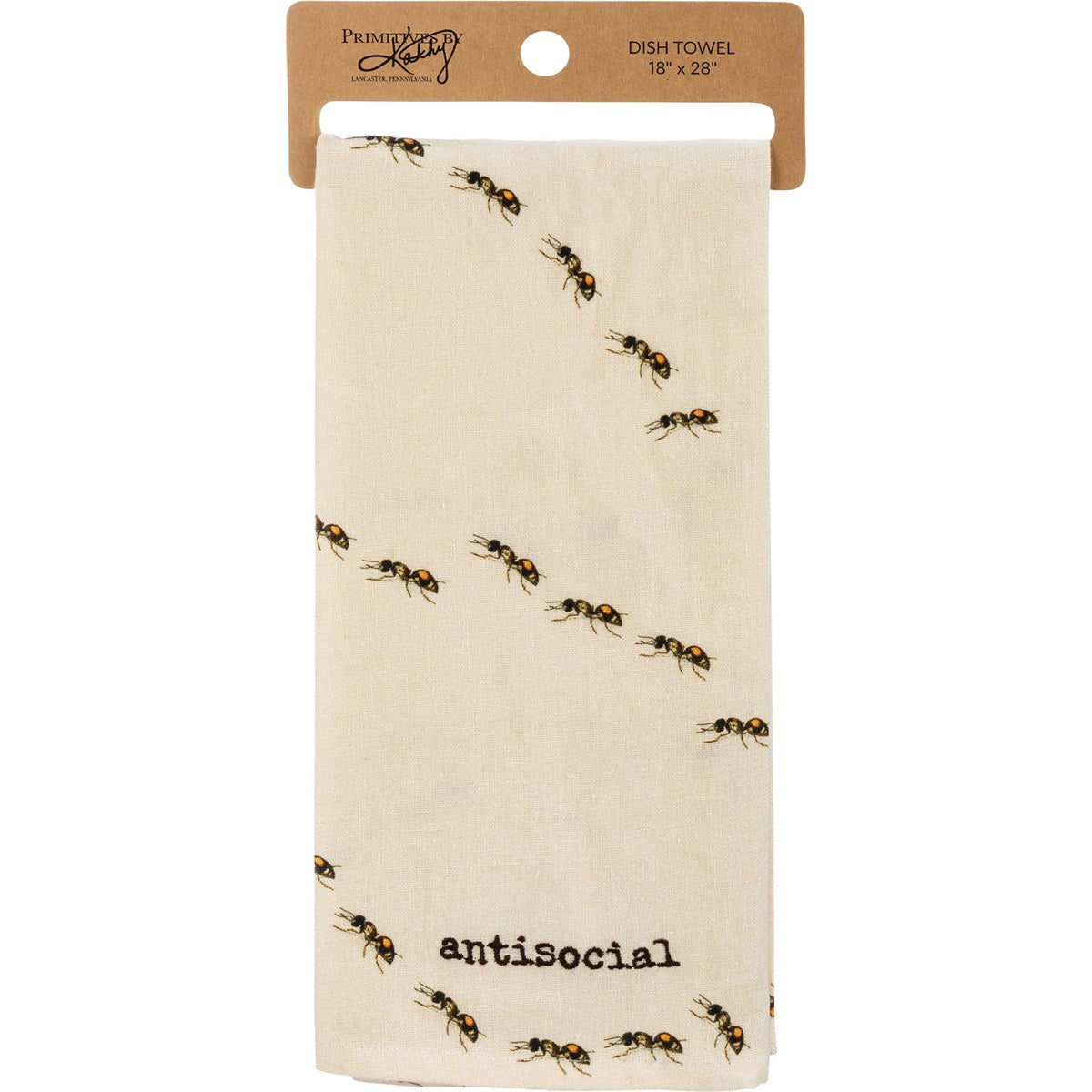 off-white dishtowel with ant graphics and "antisocial" on it.