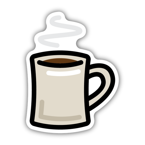 sticker on white background. sticker has graphic of white diner style coffee mug filled with coffee and steam rising from it.