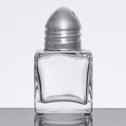 square glass shaker with steel lid.