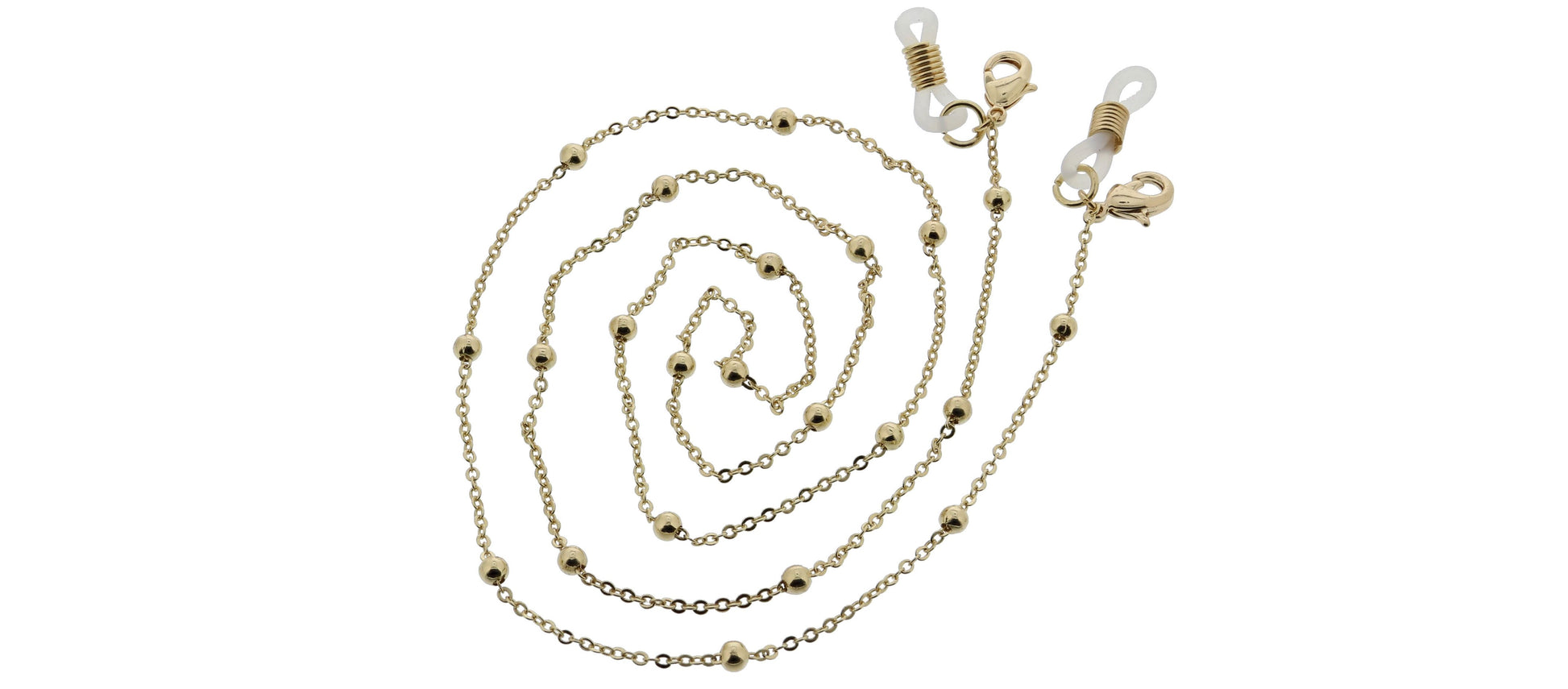 gold beaded glasses chain swirled on a white background
