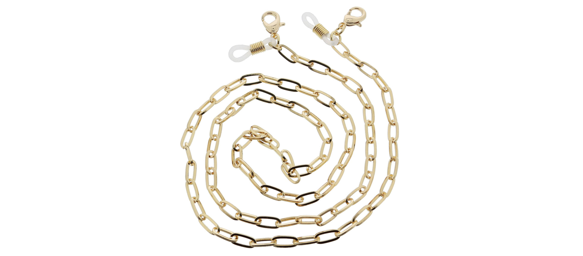 gold links glasses chain swirled on a white background