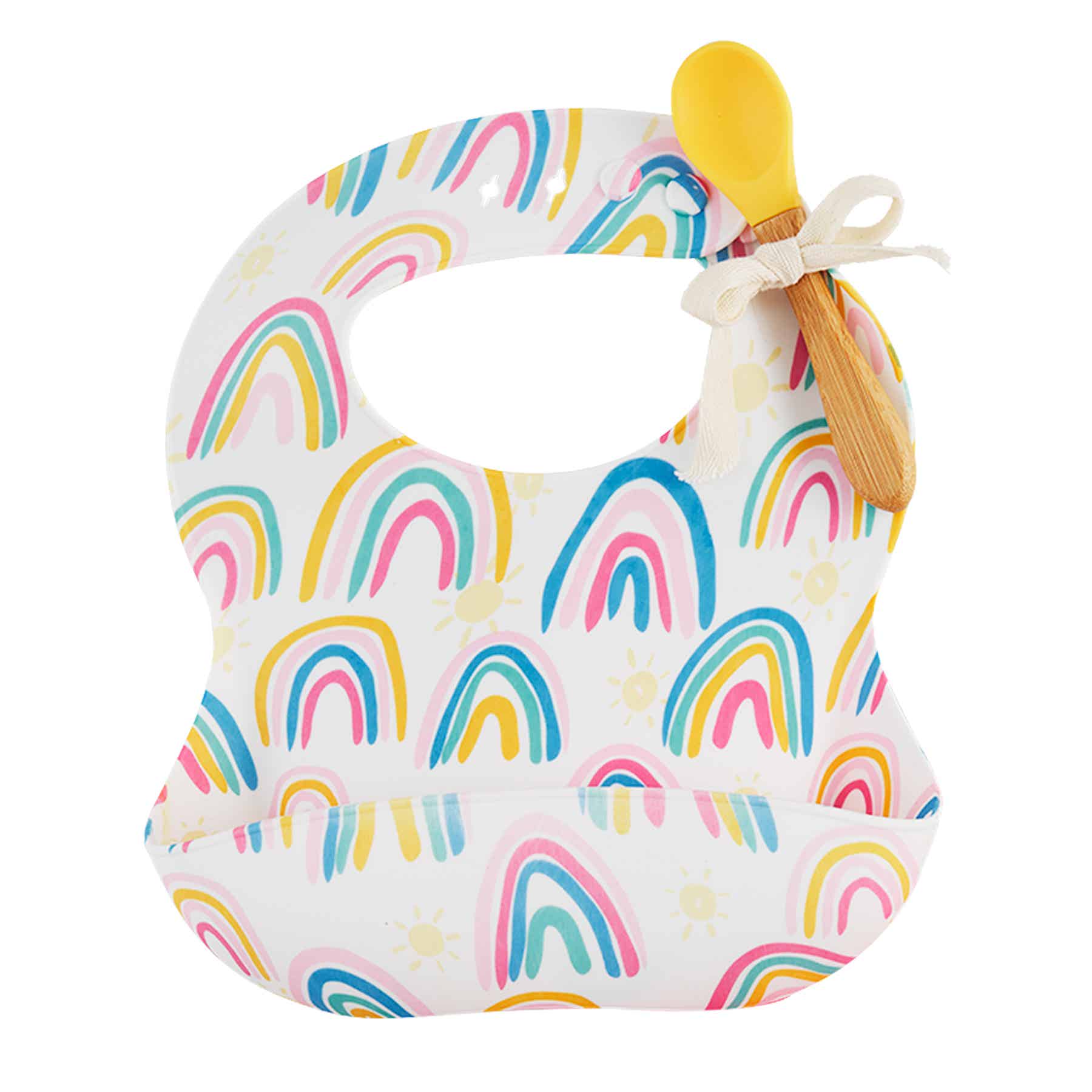 pink silicone bib with pocket on the front, an all-over rainbow design, and wooden spoon with silicone head tied to it.