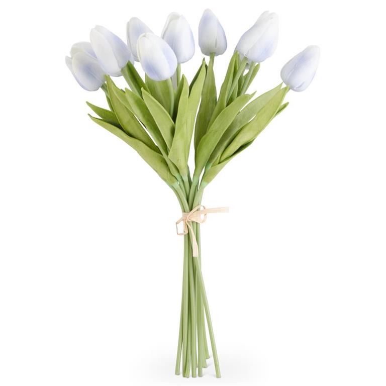 bundle of white tulips tied with a raffia ribbon.