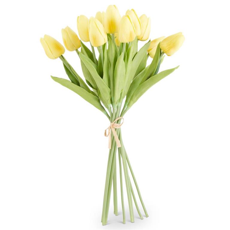bundle of yellow tulips tied with a raffia ribbon.