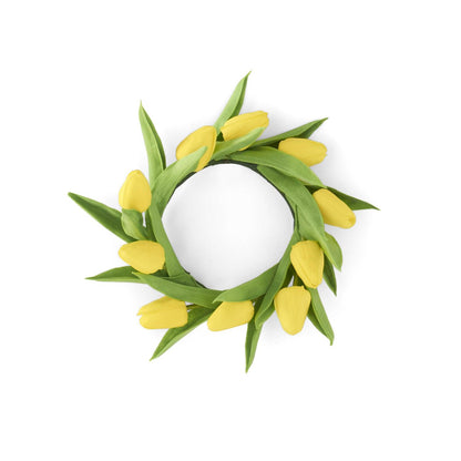 ring of yellow tulips and greenery.