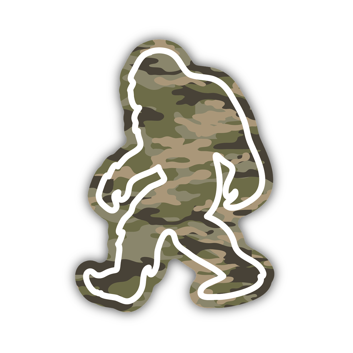 sticker on white background. sticker has graphic of sasquatch outline with a camouflaged background.