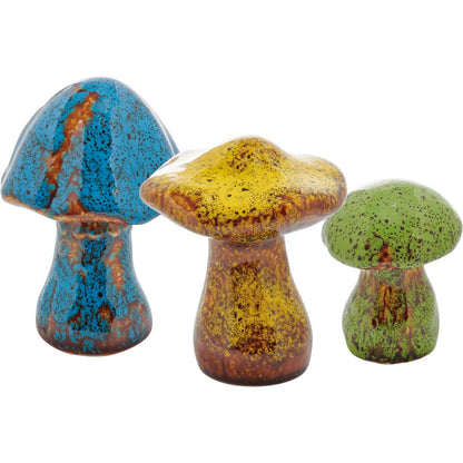 3 sizes of colorful mushrooms on a white background.