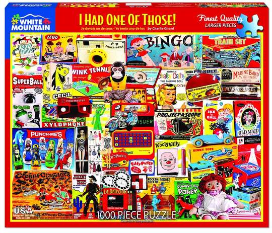 front of puzzle box filled toys from the past