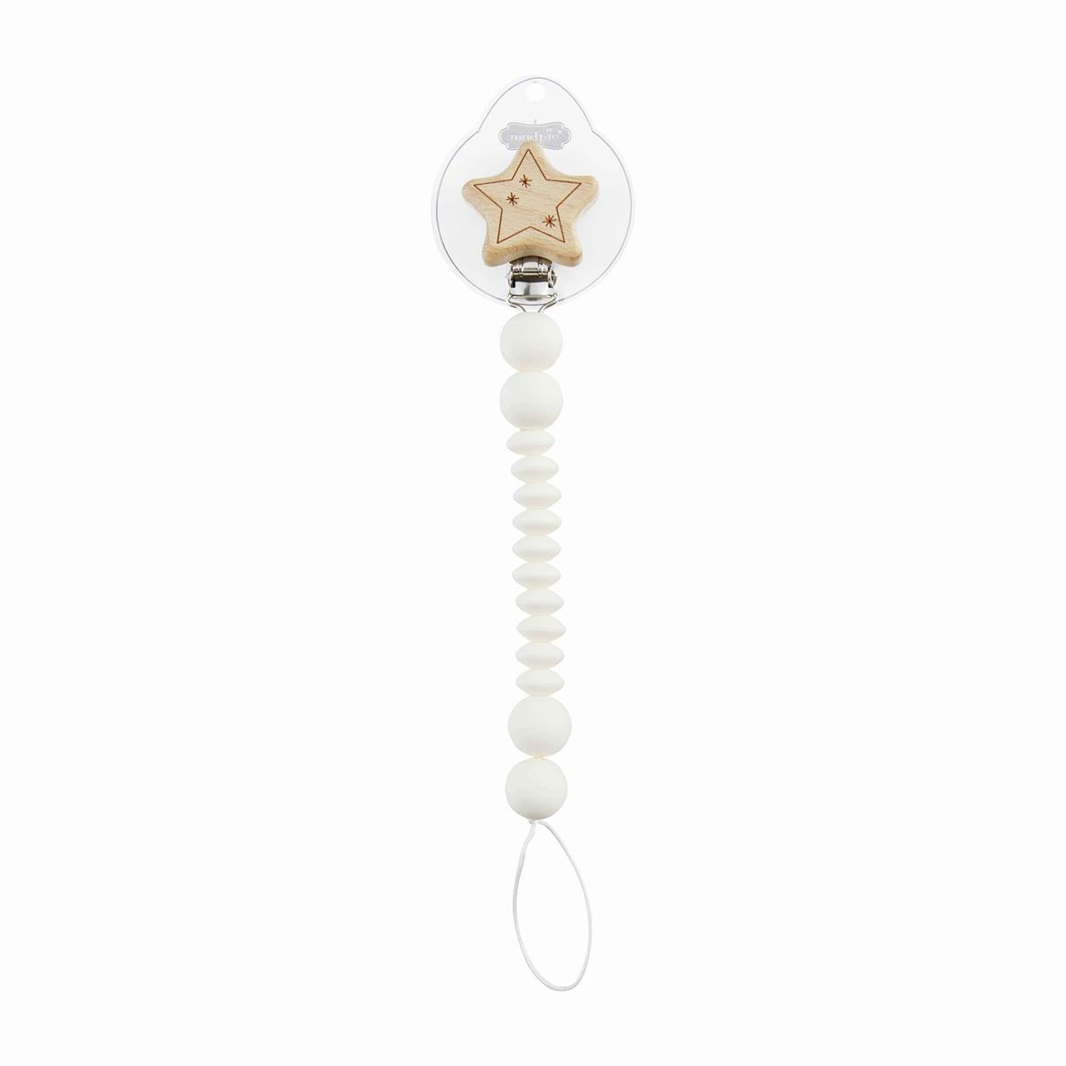 white star wood and silicone pacy clip on it's hanging display card on a white background