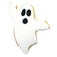 ghost shaped cookie with white icing and black eyes.