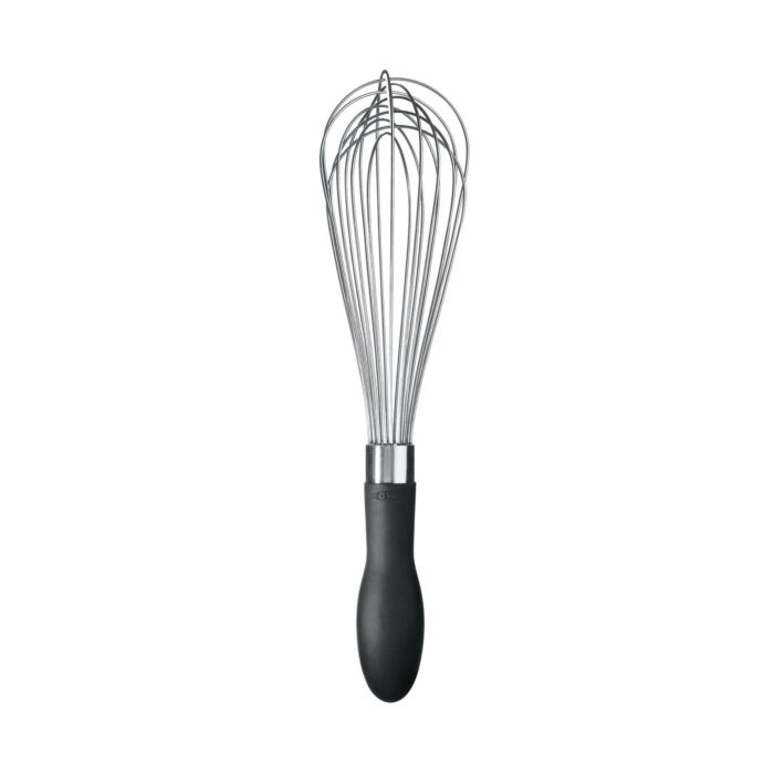 whisk with black handle.