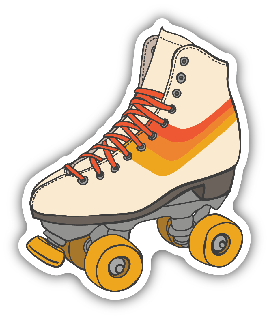 sticker on white background. sticker has graphic of retro roller skate with red, orange, and yellow stripes and yellow wheels.
