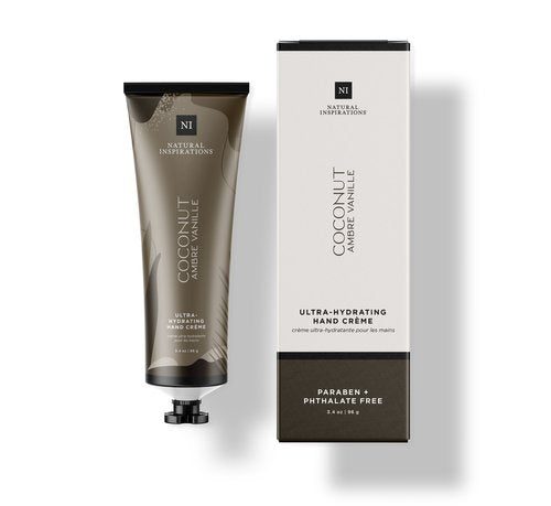 tube of Coconut Ambre Vanilla hand cream next to its box packaging.