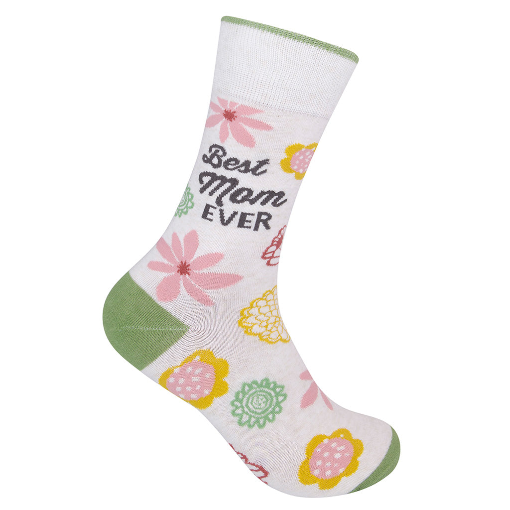 side view of white socks with flowers and "best mom ever" printed on them.