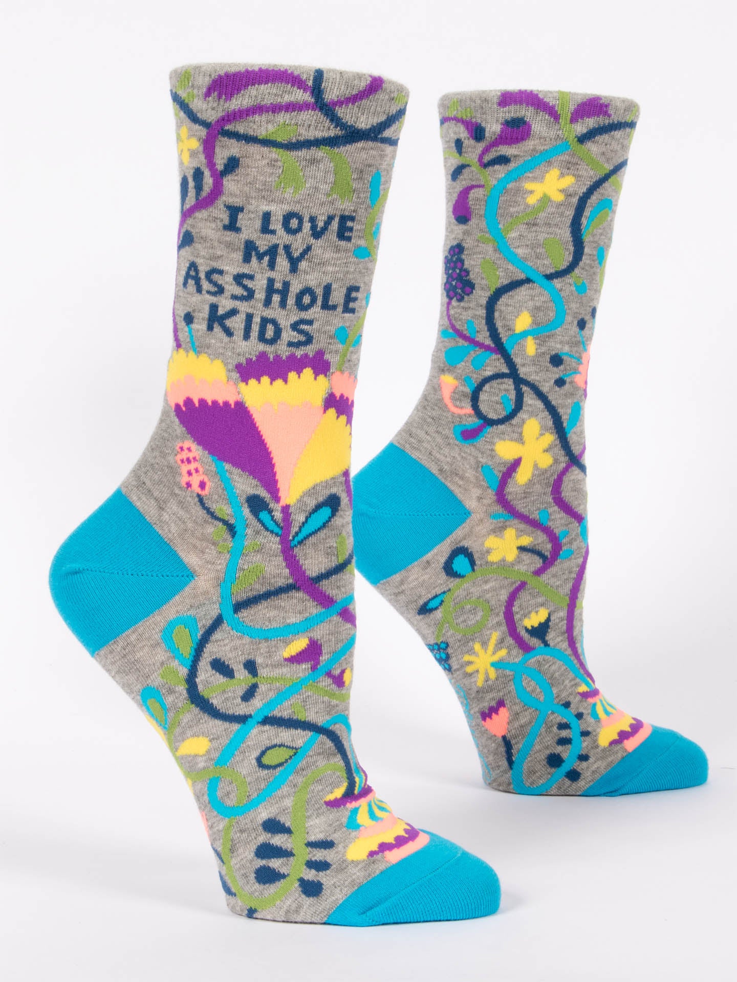 side view of i love my asshole kids socks on a white background