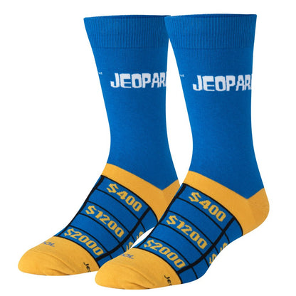 side view of jeopardy crew socks displayed on a white background
