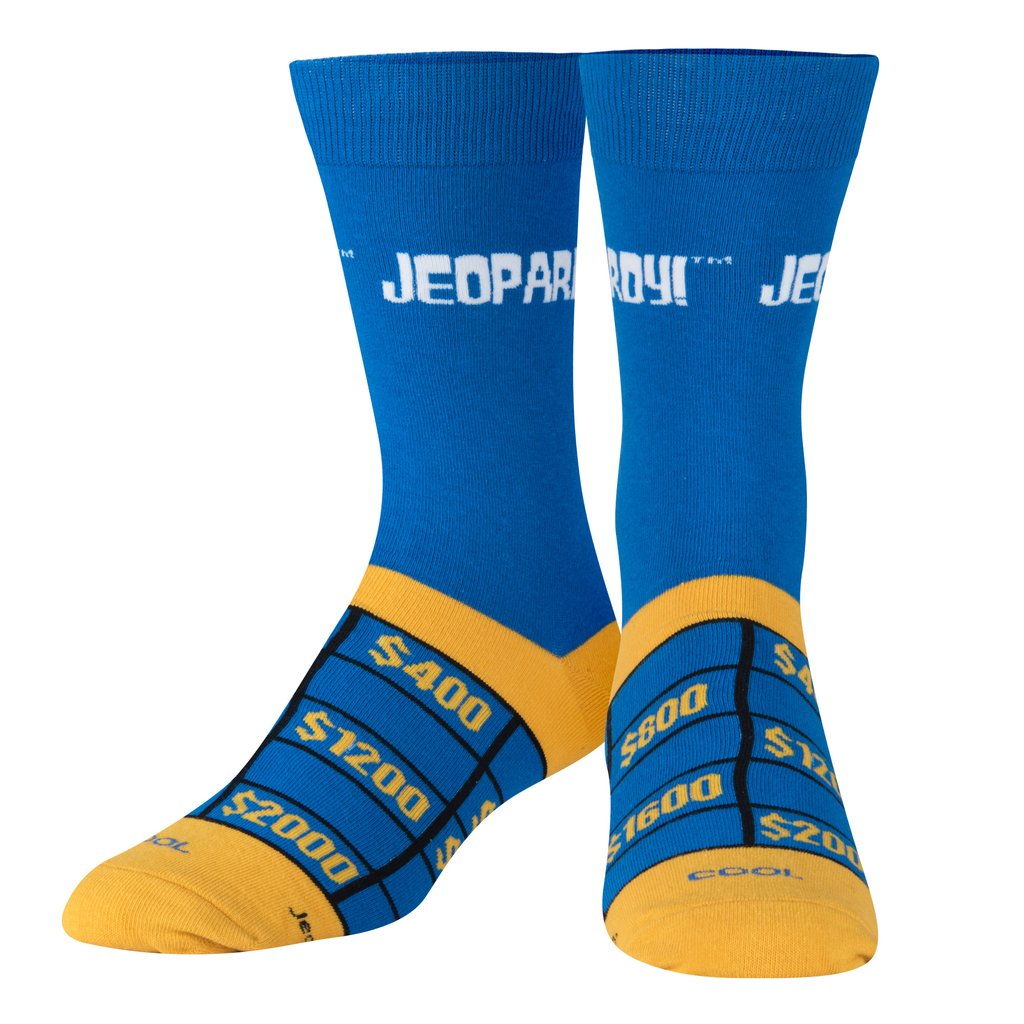 front view of jeopardy crew socks displayed on a white background