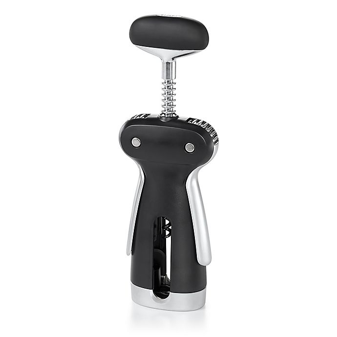side view of black and stainless corkscrew.