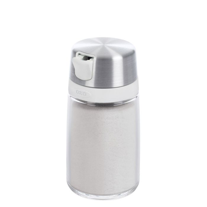 sugar dispenser with stainless steel lid.