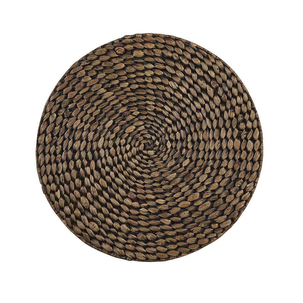 round placemat made from braided hyacinth with a light brown-washed finish.
