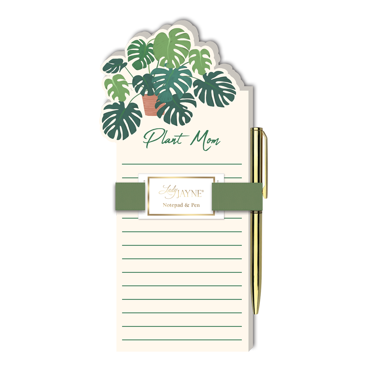 plant mom note pad and pen on a white background